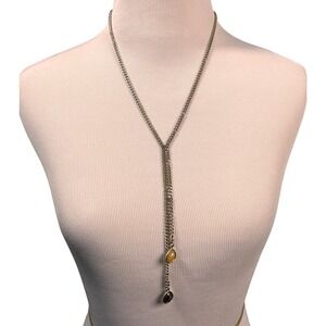 Banana Republic Gold Tone Lariat Y Necklace Amber Brown Teardrop